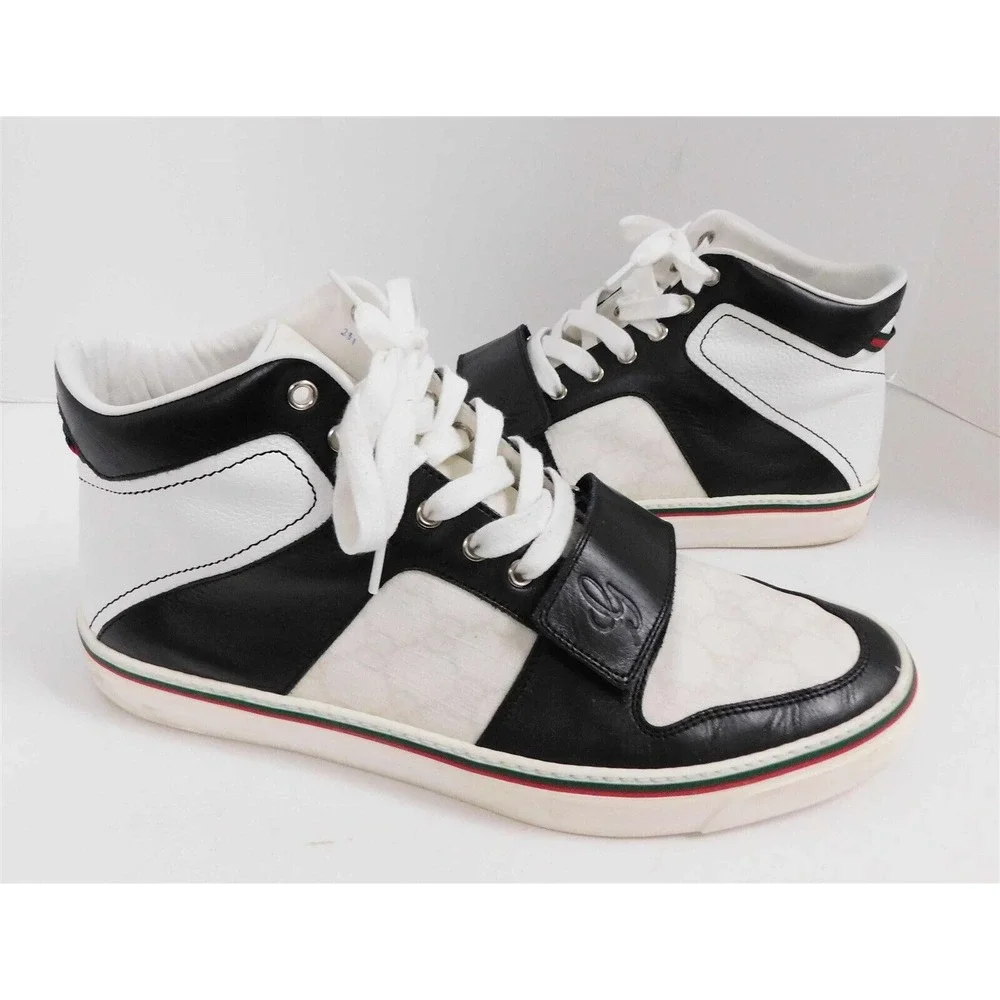 Gucci Hi-Top Lace-up Black White Sneaker with Embossed G Script 245310 sz‎ 10.5